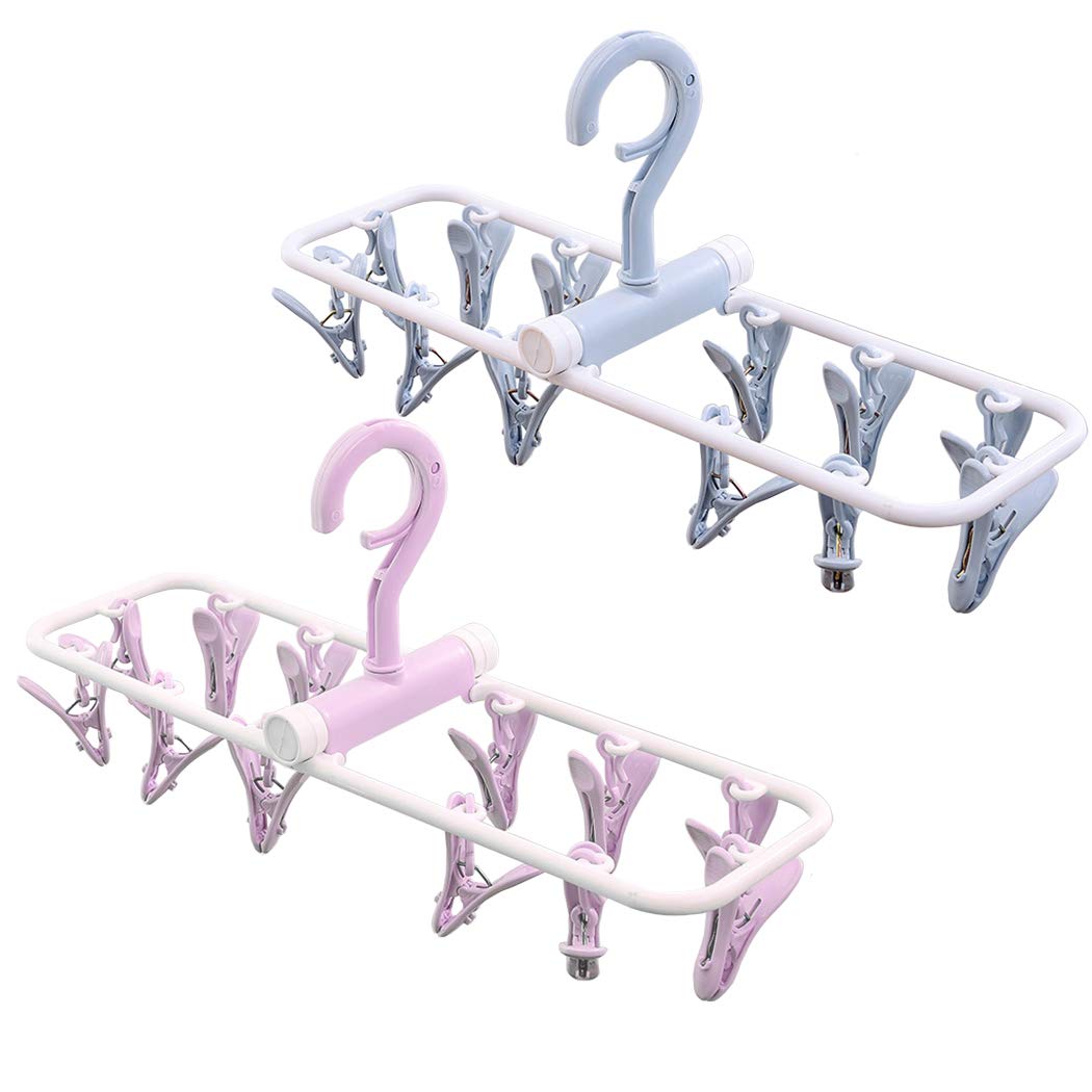 CREATIEES 2 Pack Folding Portable Travel Clip, Drip Drying Hanger Rack with 12 Clips for Clothes Socks Underwear - Windproof & Space Saving (Light Blue + Light Purple)