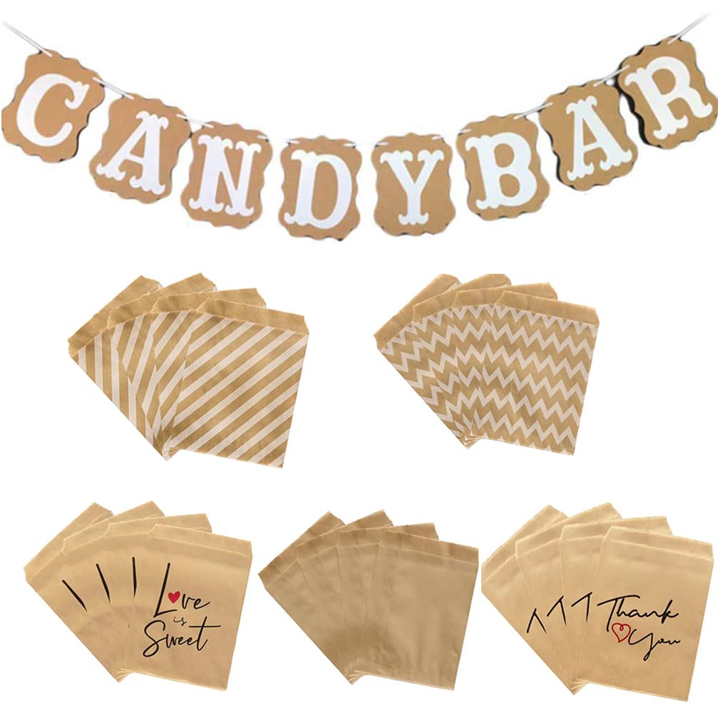 Houhounb Candy Bar Garland Banner and Paper Bags Candy Bar Banner with Kraft Paper Bags for Candy Bar Decoration Wedding Birthday Candy Party Accessories Decorations