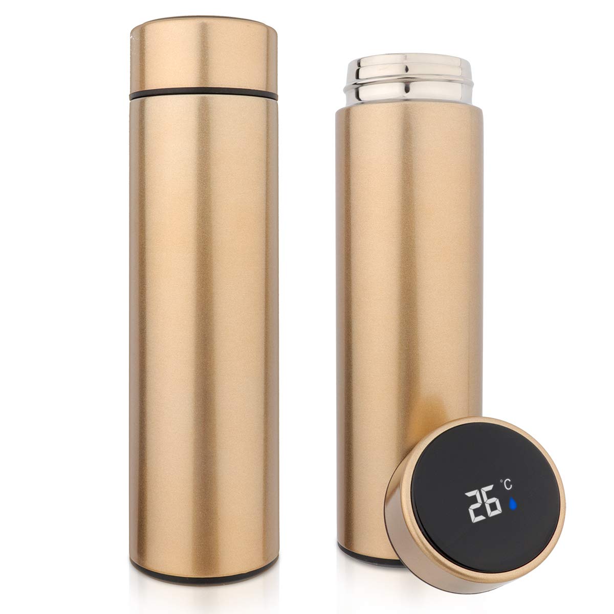 QiCheng&LYS 500ML Travel Mug, Flask with Temperature Display Vacuum Cup with Flask 304 Stainless Steel,Insulation Cup, Double Walled Vacuum for Heat and Cold Water (Golden)
