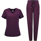 COZYFIT Medical Scrubs for Women Set - Curved V-Neck Scrub Top & Jogger Pants with 8 Pockets