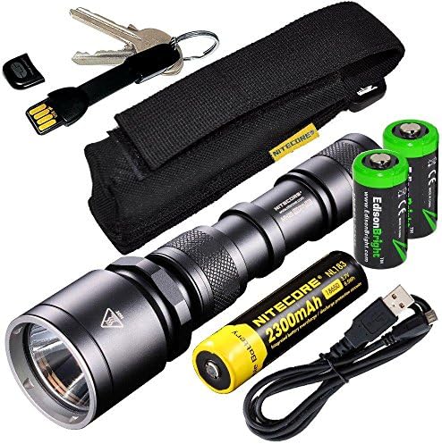 Nitecore MH25 CREE LED 960 Lumen USB Rechargeable Flashlight, 18650 rechargeable Li-ion battery, True Utility TU290B Keychain charger cord, standard USB charging cable and Holster with 2 X EdisonBright CR123A lithium Batteries
