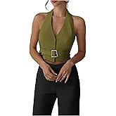 Floerns Women's Backless Halter Crop Vest Button Up Belted Dressy Going Out Suit Vest Top