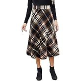 HERBATOMIA Women’s Midi Plaid Skirt High Elastic Waist A-line Vintage Flowy Winter Warm Long Skirts for Women with Pocket