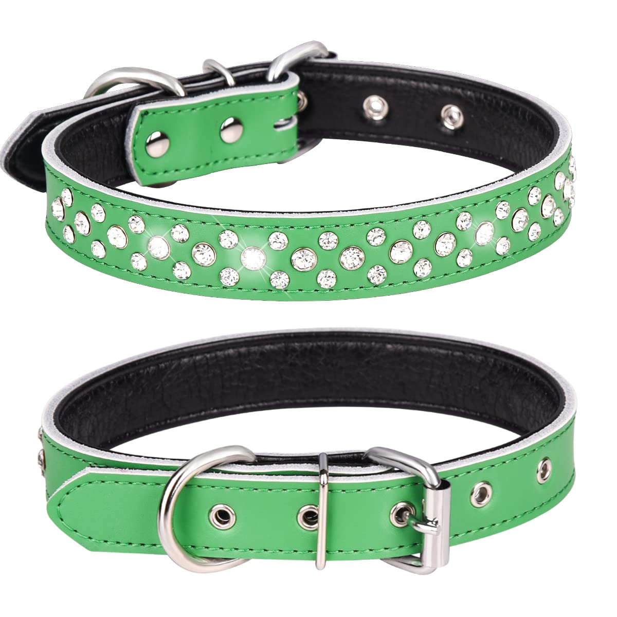 Haoyueer Rhinestones Dog Collar, Adjustable Sparkly Crystal Studded Genuine Leather Pet Dog Collar for Small and Medium Dogs (M, Green)