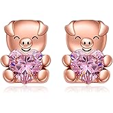 Pig Earrings for Women Sterling Silver Rose Gold Pig Earrings Studs with Heart Cubic Zirconia Cute Animal Jewelry Christmas Holiday Gifts