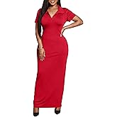 FANDEE Women's Bodycon Maxi Dress, Casual Polo Collar V-Neck Short Sleeve Party Holiday Elegant Long Dresses