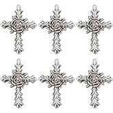 SUNNYCLUE 10Pcs Cross Charms Tibetan Style Antique Silver Large Bead With Rose Flowers - Vintage Crucifix for Easter Jewelry Making DIY Necklace Supplies