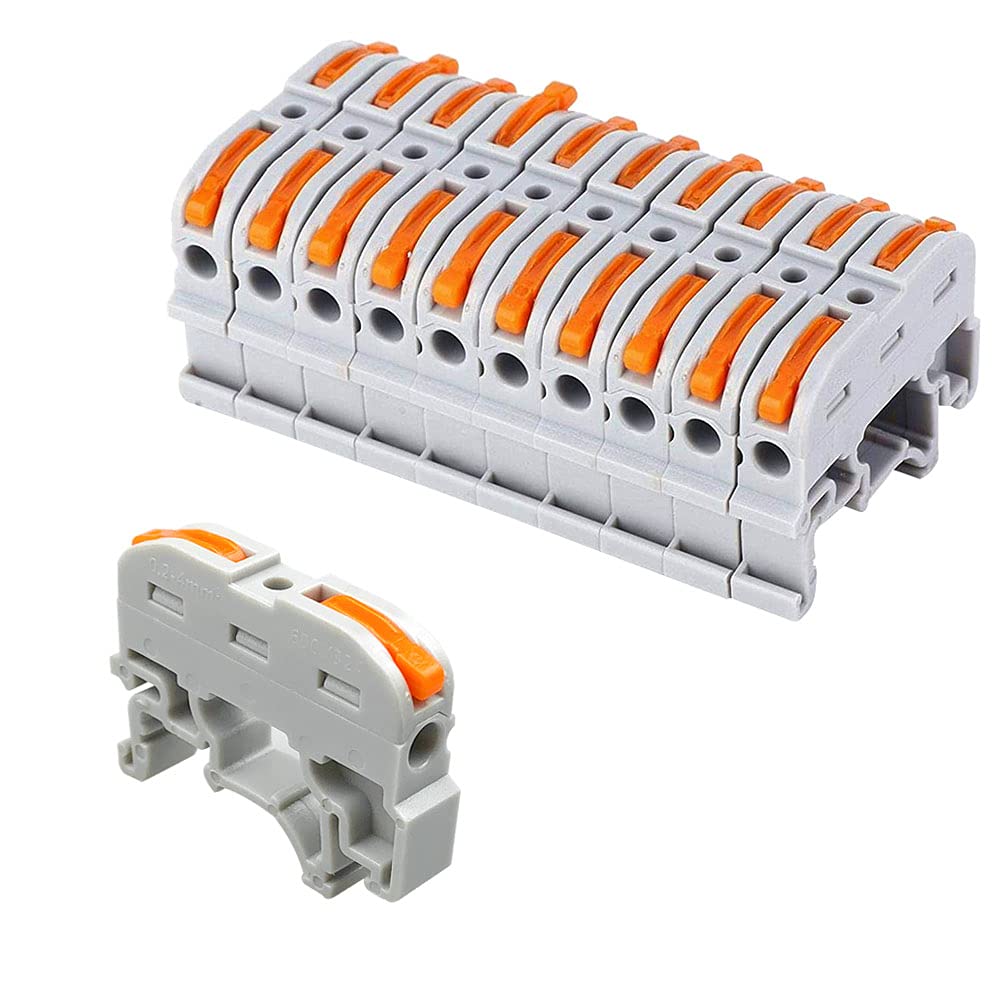 QitinDasen 10Pcs KV121 DIN Rail Wire Terminal Blocks, 1 in 1 Out 2 Ports Lever-Nut Wire Connectors, Conductor Compact Wire Connectors