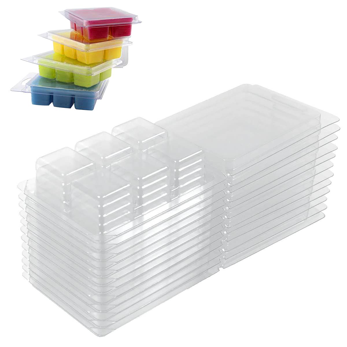 WANGCL 50 Pcs 6 Cavity Resuable Wax Melt Molds Clear Plastic Clamshell Mould Cube Tray for Candle Making and Soap