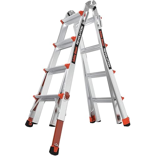 Little Giant Ladders, Revolution with Ratchet Levelers, M17, 17 ft, Multi-Position Ladder,Ratchet Leg levelers, Aluminum + 26999 Trestle Bracket, Aluminum