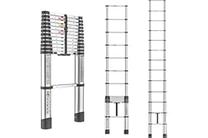 EVASTAR HOME Evastar Telescoping Ladder, 12.5FT One-Button Slow Retraction Extension Ladder, Compact Aluminum Telescopic Ladder,330 LBS Max Capacity with Non-Slip Feet, Ideal Ladders for Home, RV, Attic-Silver
