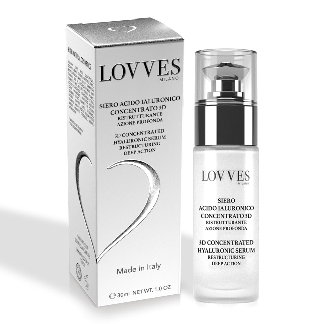 LOVVES 3D Concentrated Hyaluronic Acid Serum, High Natural Cosmetics, Restructuring Deep Action, Anti-Aging, Anti-Wrinkle, Moisturizing, Format 30ml Glass Bottle