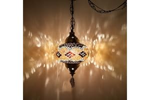 DEMMEX Authentic Turkish Plug in Light, Handmade in Turkey, 6.5" Globe, Turkish Moroccan Mosaic Swag Plug in Ceiling Hanging Pendant Light Fixture, 15ft Cord & Decorated Chain (Brown Black)