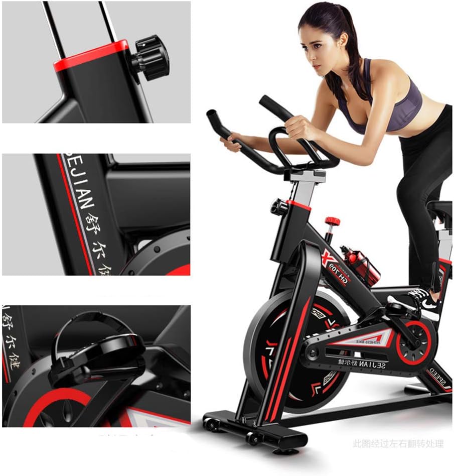 Quiet Indoor Exercise Bike Bicycle Spinning Bike Aerobic Exercise Belt Drive Flywheel Ride Adjustable Handlebar Seat Resistance Digital Display Heart Rate Sensor with Mobile Phone Holder Bottle Red