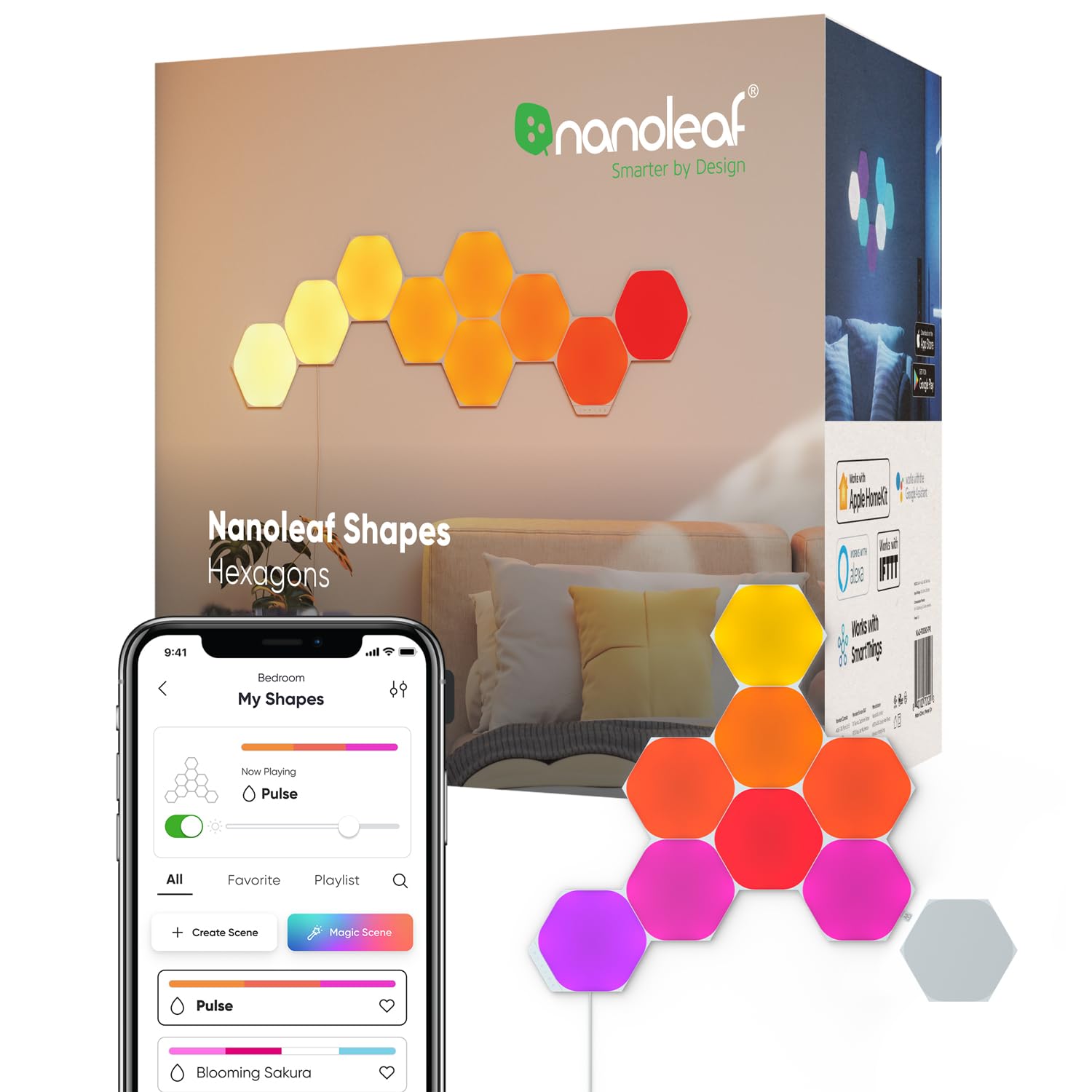 Nanoleaf Shapes Hexagon Starter Kit, 9 LED Smart Light Panels - Dimmable & Modular Wi-Fi Wall Mood Lights, Works with Alexa Google Assistant Apple Homekit, for House Room Decor or Desk