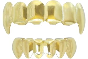 TSANLY 24K Plated Gold Grillz Vampire Fangs Caps Top And Bottom Grill Set Mouth Teeth For Son Gift + Extra Molding Bars + Microfiber Cloth