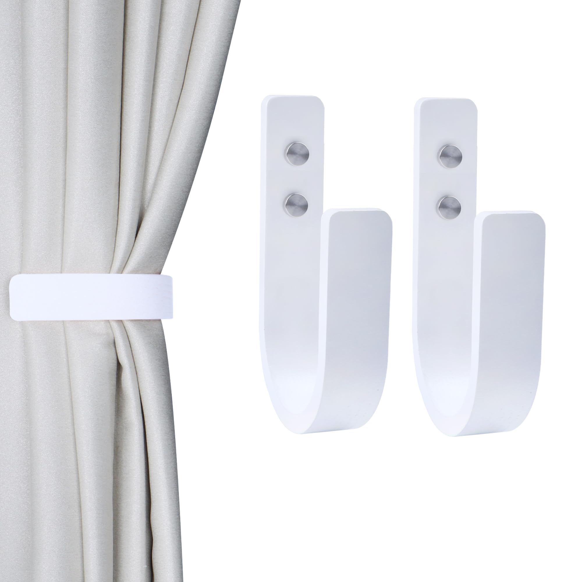 OCIOLI U Shaped Curtain Hooks & Wood Curtain Holdbacks (White, 2 Pack)