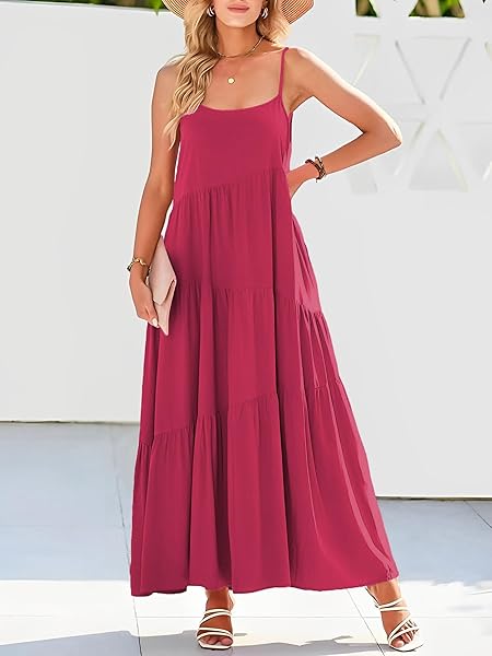 LCRRRN WOMENS FLOWY SUMMER DRESSES 2025 CASUAL LONG SLEEVELESS SPAGHETTI STRAP SUNDRESS ASYMMETRIC TIERED BEACH MAXI DRESS ROSE RED