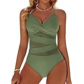 Dridreo Women's Mesh Sheer One Piece Swimsuits Sexy V Neck Front Cross Push Up Bathing Suits Full Coverage Swimwear