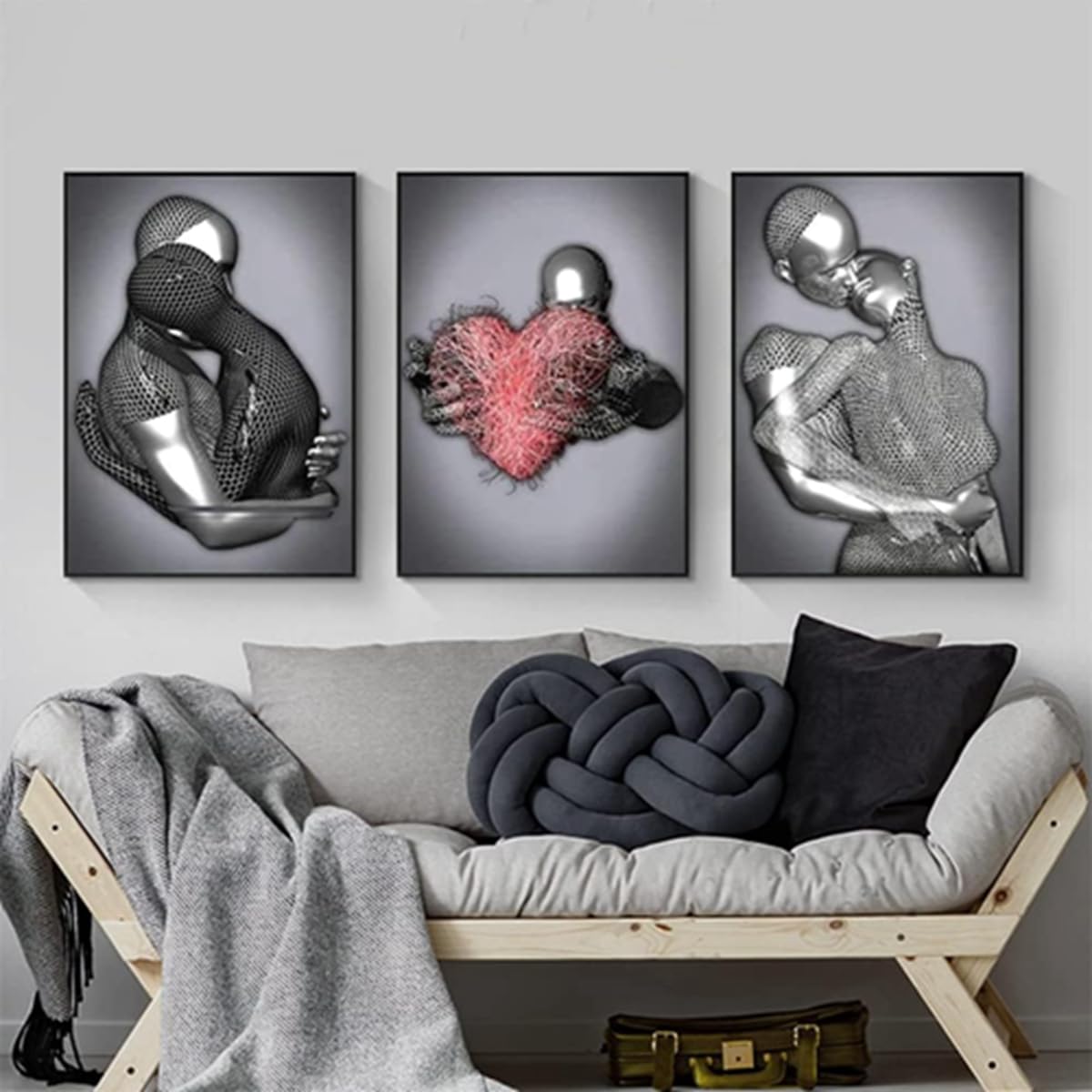 3D Metal Figure Statue Art Love Heart Kiss Pictures Wall Art Living Room Wall Decoration - Without Frame (Poster-04, 20 x 30 cm*3) — image 1