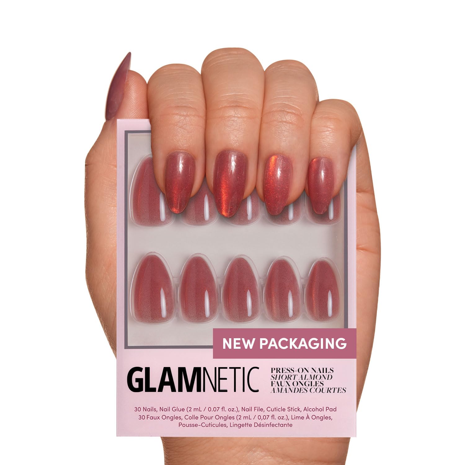 Photo 1 of Glamnetic Press On Nails - Rose | Short Almond Rosy-Pink Nails with a Mesmerizing Metallic Finish | 15 Sizes - 30 Nail Kit with Glue