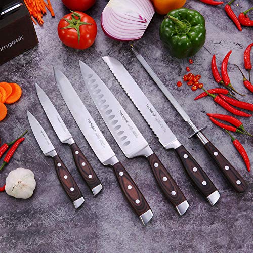 Kitchen Knife Set 8 Piece with Oak Wooden Block Sharpener and Pakkawood