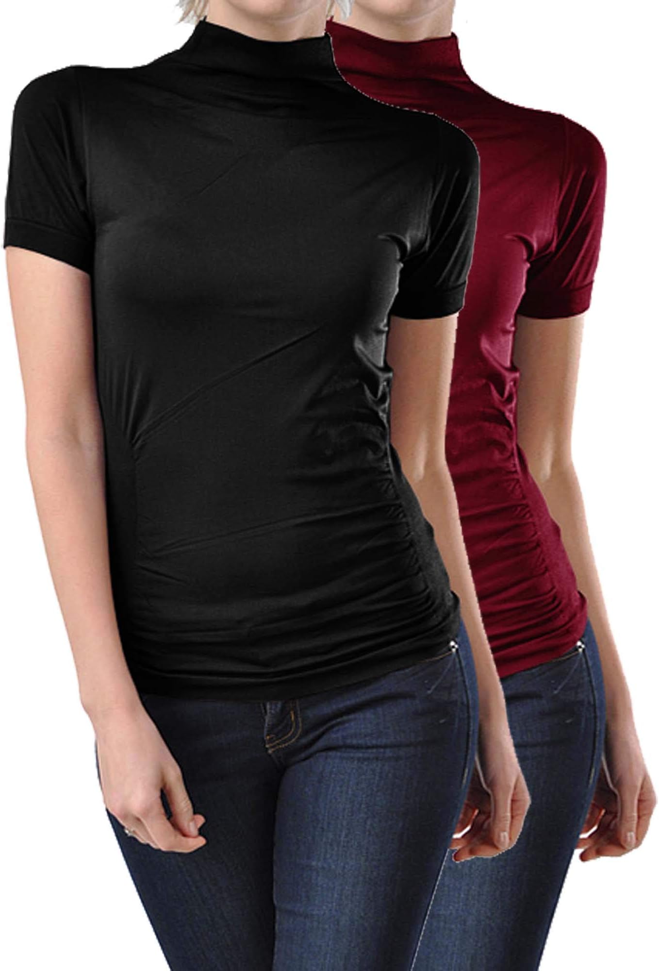 Kuda Moda 2 Pack Women Seamless Short Sleeve Mock Neck Turtleneck Blouse Top Tee Shirts