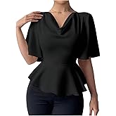 OYOANGLE Women's Elegant Cowl Neck Ruched Ruffle Short Sleeve Blouse Work Dressy Casual Peplum Top