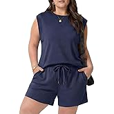 OLRIK Plus Size Short Sets for Women 2 Piece Matching Sets 2026 Trendy Summer Outfits Drawstring Sweatsuit with Pocket