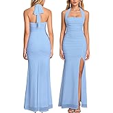 Women Bodycon Maxi Dress High Slit Halter Tie Ruched Long Formal Cocktail Wedding Guest Dresses