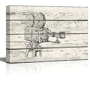 Crosshatch Movie Camera - Reel to Reel Artwork - Rustic Canvas Wall Art Home Art - 12x18 inches