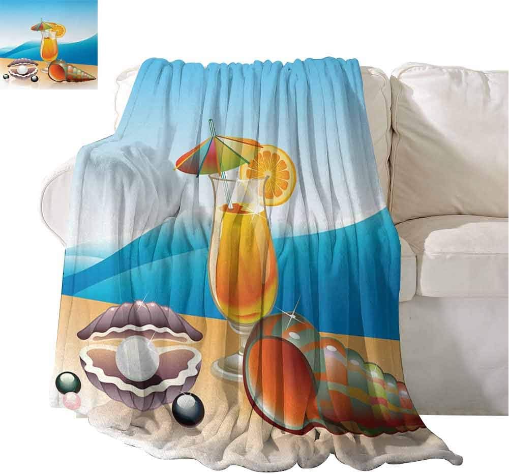 Homrkey Pearls Warm Fluffy Plush Hypoallergenic Blanket Seashells and Glass of Orange Juice with Seascape Summer Beach Cartoon Art Super Soft and Warm, Durabl 70 x 70 Inch Blue Orange Purple