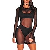 Jumppmile Women's Sheer Mesh Long Sleeve See Through Swimwear Bikini Cover Up Dress