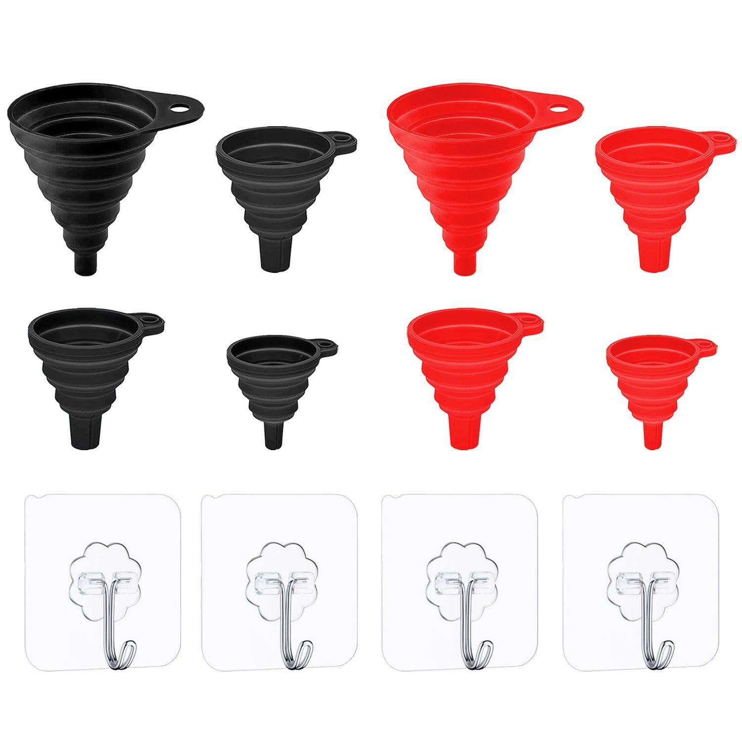 EOWVISN 8 Pieces Folding Funnels And 4 Pieces Transparent Hooks, Silicone Funnels, Household Funnels, Mini Funnels, Kitchen Funnels