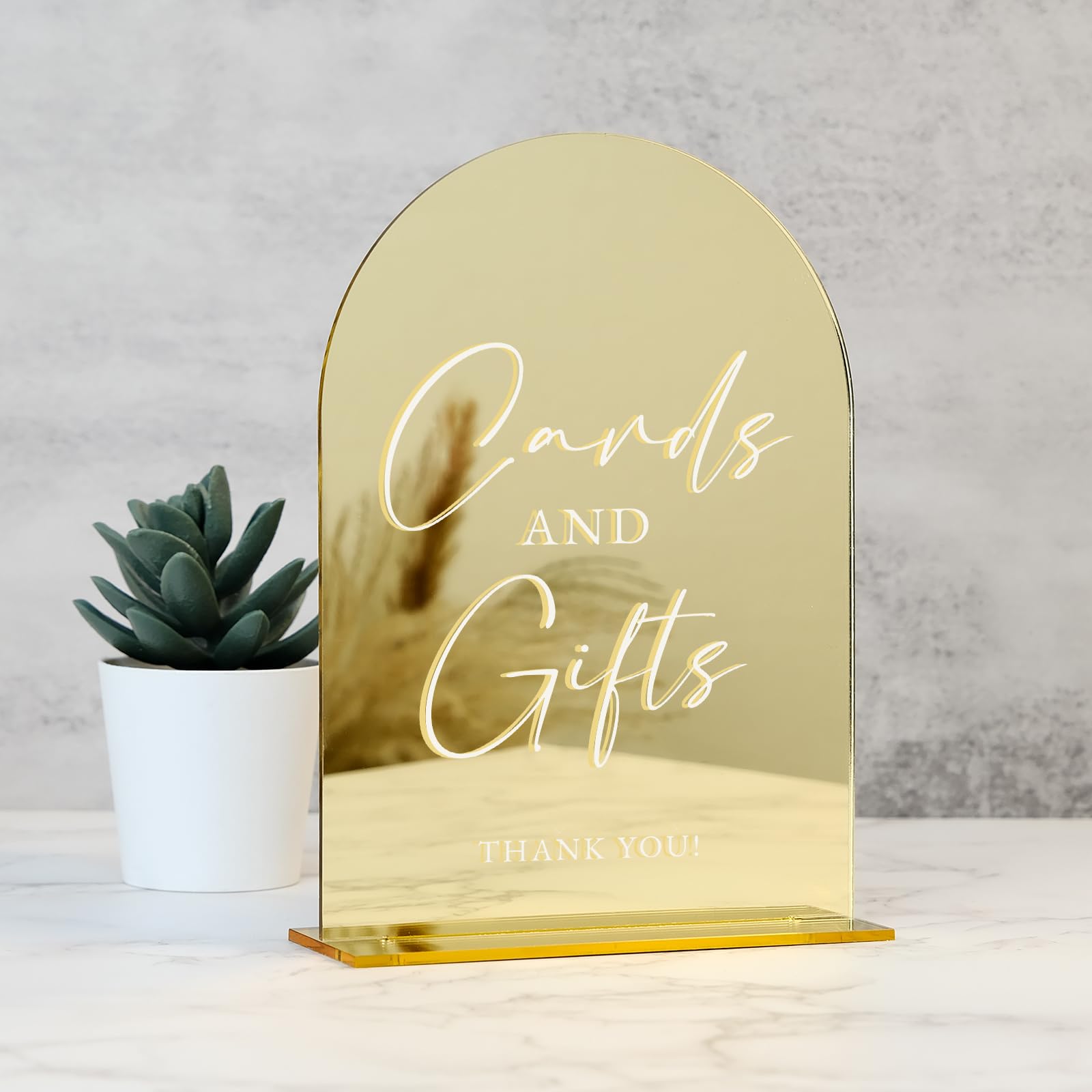 Photo 1 of Acrylic Cards and Gifts Sign with Stand- 5"x7" Gold Mirror Arched Wedding Sign and Base,1/8" Thick | Modern Calligraphy White Lettering Arch Acrylic Sign for Wedding Reception & Party