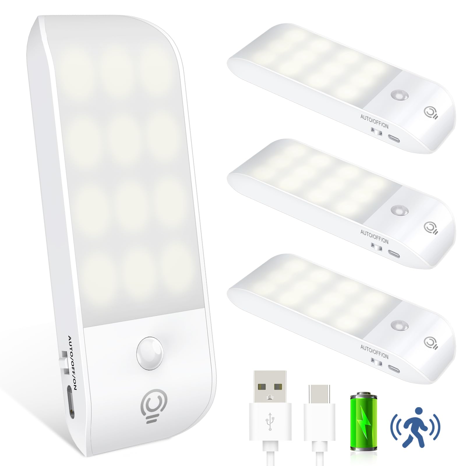 Detake Motion Sensor Lights [4 Pack] Type C Rechargeable Night Lights with 3 Lighting Modes - Natural White Stick-On Light with Magnetic Strips for Cupboard, Stairs, Wardrobe, Hallway, Kitchen, Garage