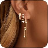 NECOCY Christmas Gift 14K Gold Plated Chain Earrings for Women 3/4 Pairs Dangle Dainty Stack Hoop Earrings Set Trendy Cubic Zirconia Stud Earrings for Women Jewelry