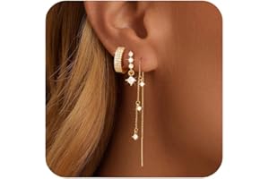 NECOCY 14K Gold Plated Chain Earrings for Women 3/4 Pairs Dangle Dainty Stack Hoop Earrings Set Trendy Cubic Zirconia Stud Earrings for Women Jewelry