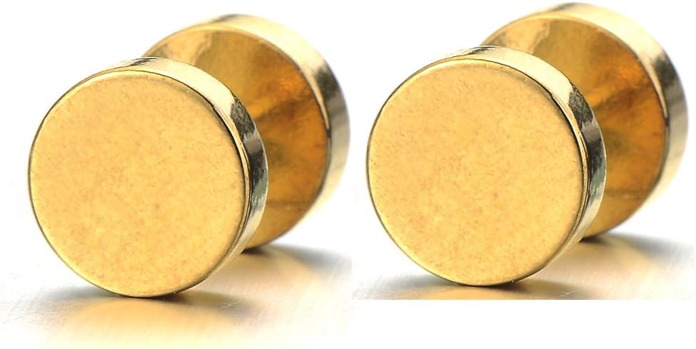 COOLSTEELANDBEYOND2pcs Gold Screw Stud Earrings Men, Stainless Steel Cheater Fake Ear Plugs Gauges Illusion Tunnel