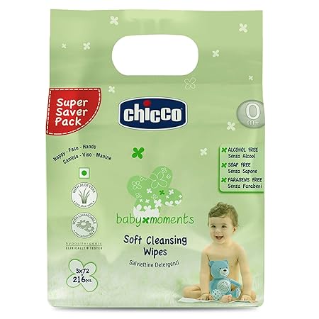 Chicco Baby Moments Soft Cleansing Baby Wipes, Ideal for Nappy, Face and Hand,