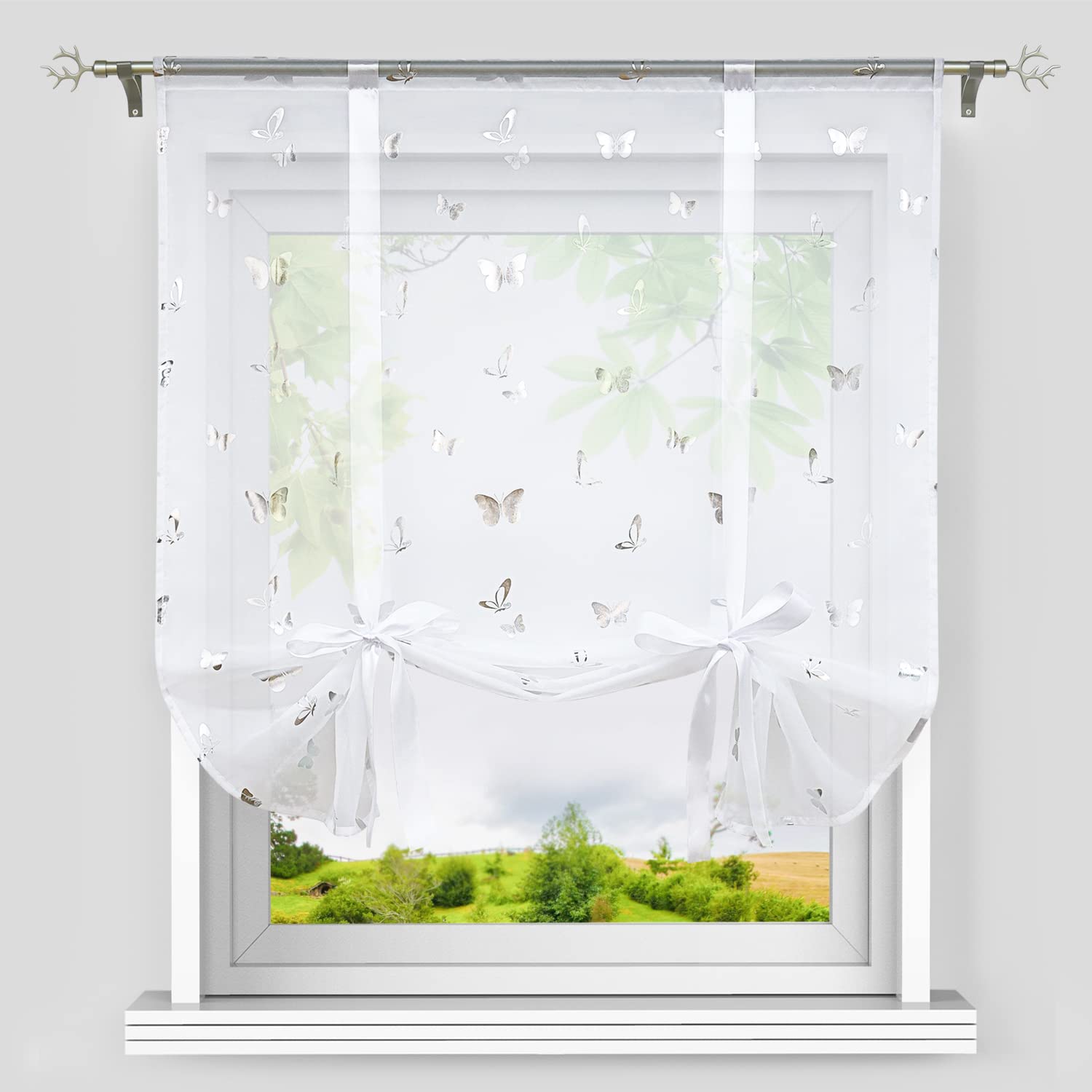Heichkell Roman Blind, Voile Curtain, Polyester, Silver, W x H 80 x 140 cm, Modern Kitchen Curtain with Drawstring, Shiny Butterfly Decorative Pattern
