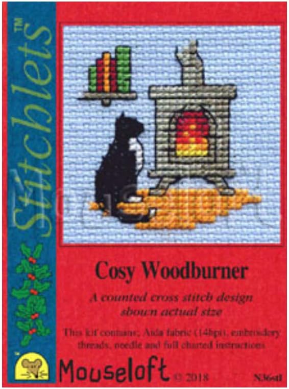 Mouseloft Mini Cross Stitch Kit - Cosy Woodburner, Christmas Collection, red, green, 64mm diameter