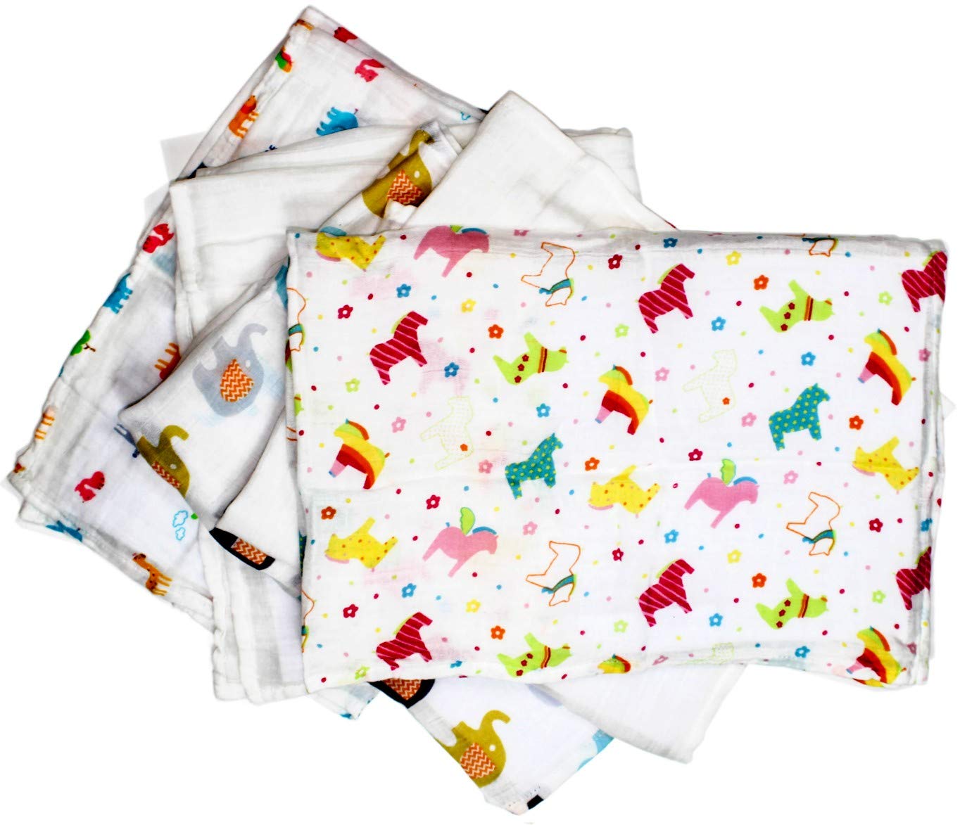 LEBCO Little English Quality Muslin Squares cloth for Babies, Ultrasoft with unique animal designs - Rainbow Friends - Pack of 5 - Size 60cm x 60cm