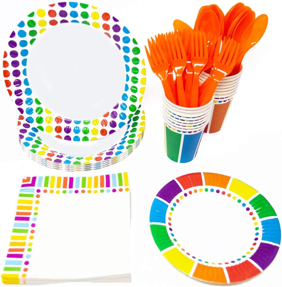 Blue Orchards Rainbow Party Supplies Packs (113+ Pieces for 16 Guests!), Colorful Party Tableware, Rainbow Party Supplies: Toys & Games