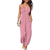 CUPSHE Women's Plunge Halter Sleeveless Pleated Long Romper Knit Jogger Maxi Jumpsuit with Pockets