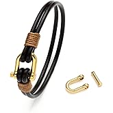 HAVRESSE Mechanical Screw-Clasp Mens Bracelet - Black Leather Rope & Polished Silver Stainless Steel Clasp, Fashion Bracelets for Men Gift for Son Husband Grandson Fits 6.2"-7.2" wrists