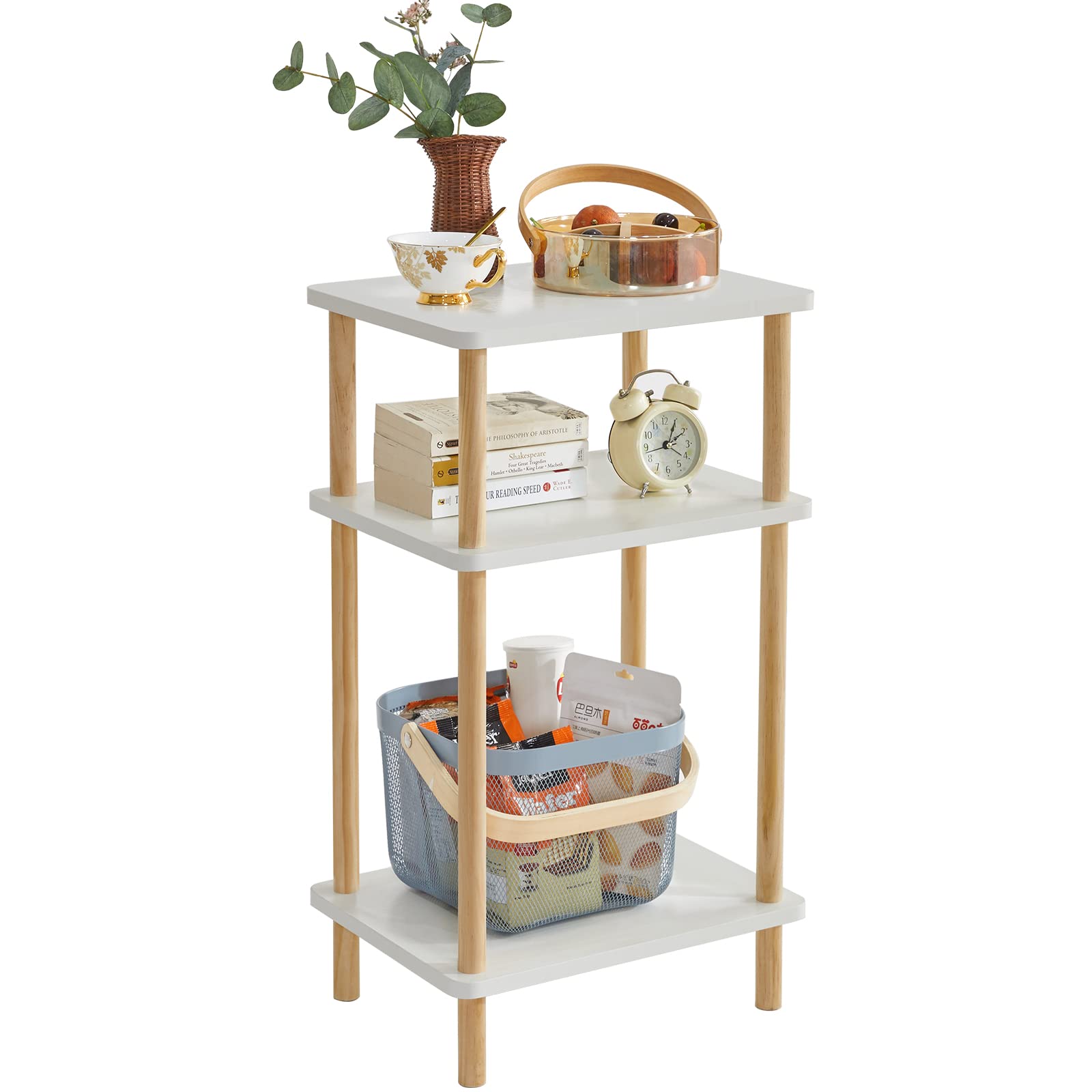 Photo 1 of IBUYKE 3-Tier Side Table, Solid Wood Tall End Table with Storage Shelves, Nightstand Bedside Table for Living Room Bedroom Office, No-Tool Assembly, White UWST003W