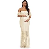 ZIUMUDY Women's Off Shoulder Ruffle Sleeve Lace Mermaid Maternity Baby Shower Gown Maxi Photography Dress