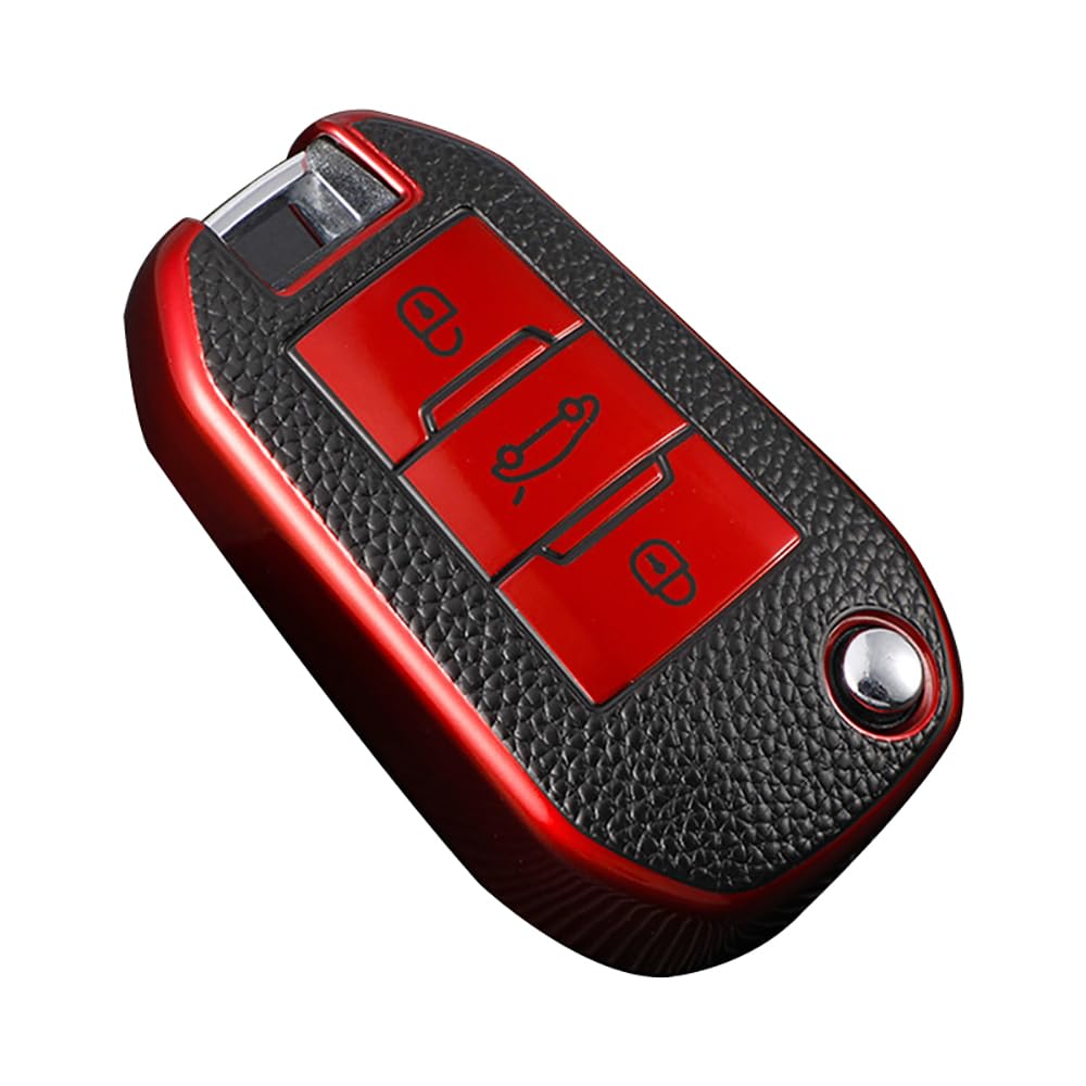 KUNIO Flip Key Fob Case fit for Peugeot 5008 308 208 & Citroen C3 C4 Cactus & Opel Crossland X Zafira Corsa - Red, 3-Button TPU Car Key Cover