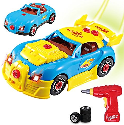 Take Apart Racing Cars Toys for Kids, Rolytoy Build Your Own Car Vehicle with Power Drill Realistic Sounds &amp; Lights 30 Piece Constructions Kit